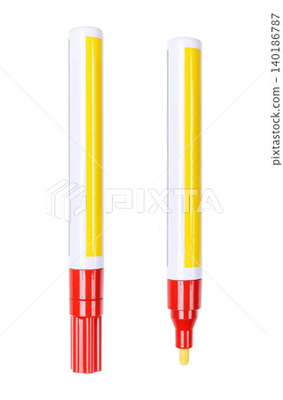 Two yellow liquid chalk markers, one capped and one open, on a white background Two yellow liquid chalk markers, one capped and one open, on a white background 140186787