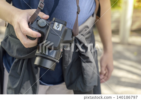 Close up of a traveler holding a black DSLR camera with a neck strap while walking on a city street. Travel or vacation concept 140186797