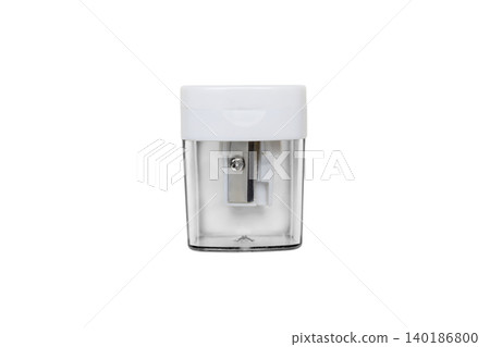 Single-hole manual pencil sharpener with a white lid and transparent shavings collector, isolated on a white background Single-hole manual pencil sharpener with a white lid and transparent shavings collector, isolated on a white background 140186800