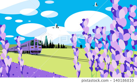 一幅向量插圖,描繪了一列本地火車在藍天下穿過薰衣草田的景象。 一幅向量插圖,描繪了一列本地火車在藍天下穿過薰衣草田的景象。 140186810