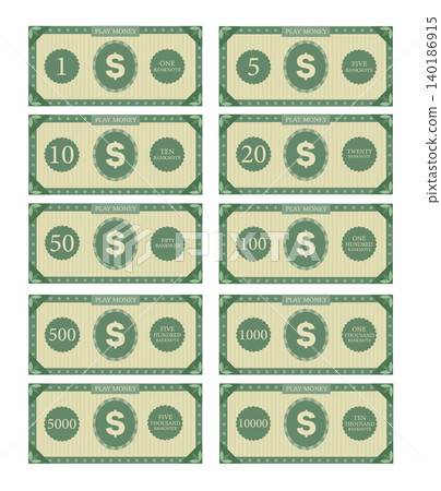 Money for game on a white background,Printable play money from 1 to 10000.banknotes design,fruity,summer card.Vector  illustrations. 140186915
