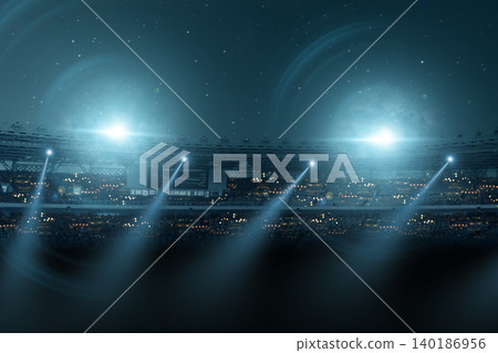 Dramatic night view of a sports stadium illuminated by powerful floodlights and bright light beams, creating an intense atmosphere for a professional game or championship event Dramatic night view of a sports stadium illuminated by powerful floodlights and bright light beams, creating an intense atmosphere for a professional game or championship event 140186956