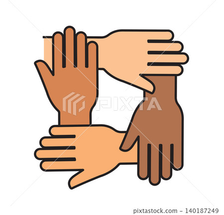 Four Diverse Hands Stacked Together in Teamwork and Unity Four Diverse Hands Stacked Together in Teamwork and Unity 140187249