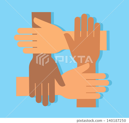 Four Diverse Hands Stacked Together in Teamwork and Unity Four Diverse Hands Stacked Together in Teamwork and Unity 140187250