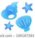 一組插圖，包括一枚藍色貝殼、一隻海星和一枚貝殼。 140187383