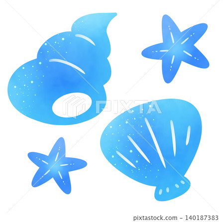 一組插圖,包括一枚藍色貝殼、一隻海星和一枚貝殼。 一組插圖,包括一枚藍色貝殼、一隻海星和一枚貝殼。 140187383