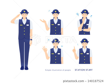 一組插圖，描繪了身著夏季制服的女車站工作人員擺出各種姿勢：敬禮、引導、鼓舞人心、擔憂。 140187524