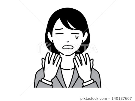 A monochrome illustration of a young woman in a suit crying in shock. 140187607