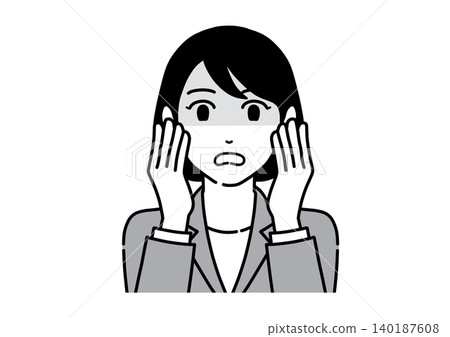 A monochrome illustration of a young woman in a suit, looking agitated with both hands covering her face. A monochrome illustration of a young woman in a suit, looking agitated with both hands covering her face. 140187608