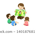 Illustrations of children enjoying a picture story show. 140187681