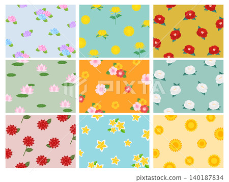 A set of 9 retro-pop Japanese and Western floral pattern backgrounds. A set of 9 retro-pop Japanese and Western floral pattern backgrounds. 140187834