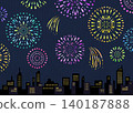 一幅以剪紙風格繪製的城市夜景和煙火插圖。 140187888