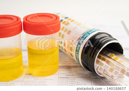 Urinalysis, urine cup with reagent strip pH paper test and comparison chart in laboratory. Urinalysis, urine cup with reagent strip pH paper test and comparison chart in laboratory. 140188657