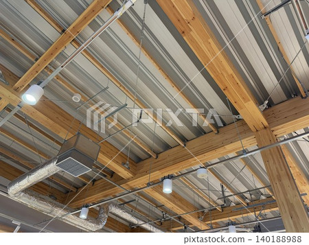 Ceiling of a commercial building constructed using wooden construction methods Ceiling of a commercial building constructed using wooden construction methods 140188988