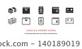 A set of vector icons (line art and colored) related to money and security, including wallets, stacks of bills, cards, smartphones, and padlocks. 140189019
