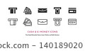 A set of vector icons (line art and color) for payment processes, including inserting cards and banknotes into a payment machine, a long wallet, and the back of a card. 140189020