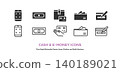A set of vector icons (line art and colored) for money and payment-related items such as smartphone payments, wallets, credit cards, and banknotes. 140189021