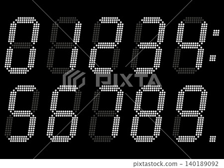 黑色背景上的白色斜體數字,採用電子顯示器風格。 黑色背景上的白色斜體數字,採用電子顯示器風格。 140189092