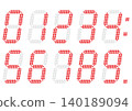 Digital red italicized numbers in the style of an electronic display board. 140189094