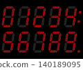 Digital red italicized numbers in the style of an electronic display board, on a black background. 140189095