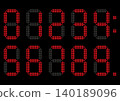 Digital red numbers in the style of an electronic display board, on a black background. 140189096