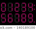Digital pink numbers in the style of an electronic display board, on a black background. 140189100