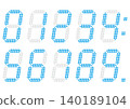 Digital blue italicized numbers in the style of an electronic display board. 140189104