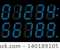 Digital blue italicized numbers in the style of an electronic display board, on a black background. 140189105