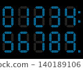 Digital blue numbers in the style of an electronic display board, on a black background. 140189106