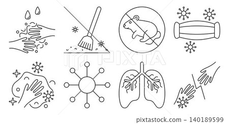 Hantavirus black line vector icon set. Precautions and routes of infection with the virus. Outline monochrome sign collection, isolated symbols. Various linear warning pictograms Hantavirus black line vector icon set. Precautions and routes of infection with the virus. Outline monochrome sign collection, isolated symbols. Various linear warning pictograms 140189599
