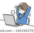 An illustration of a woman stretching in front of a computer (hand-drawn). 140190179