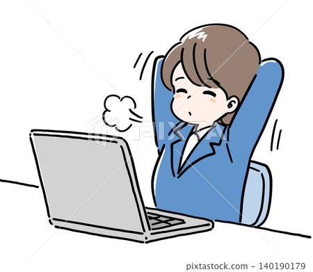An illustration of a woman stretching in front of a computer (hand-drawn). An illustration of a woman stretching in front of a computer (hand-drawn). 140190179