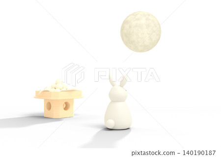 3D illustration of a white rabbit gazing at a full moon and moon-viewing dumplings, with a transparent background. 3D illustration of a white rabbit gazing at a full moon and moon-viewing dumplings, with a transparent background. 140190187