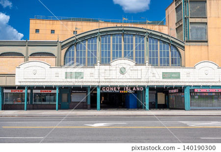 New york, usa august 21,2024. Coney island stillwell avenue terminal building entrance on a sunny day, showcasing classic architecture and bmt lines signage 140190300
