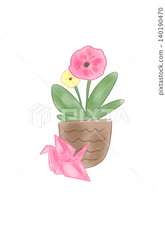 一朵花，上面畫著一隻摺紙鶴 140190470