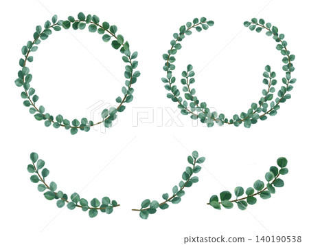 Watercolor-style illustration of eucalyptus leaves in a circular frame. Watercolor-style illustration of eucalyptus leaves in a circular frame. 140190538