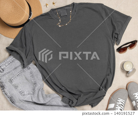Blank grey women t-shirt mockup with summer accessories, crewneck template for print on demand Blank grey women t-shirt mockup with summer accessories, crewneck template for print on demand 140191527