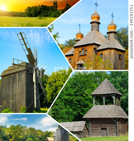 Premium square collage of Pirogovo museum in Ukraine featuring traditional wooden architecture, historical landmarks, an old windmill, an ancient church, and scenic rural green landscapes. Premium square collage of Pirogovo museum in Ukraine featuring traditional wooden architecture, historical landmarks, an old windmill, an ancient church, and scenic rural green landscapes. 140191551