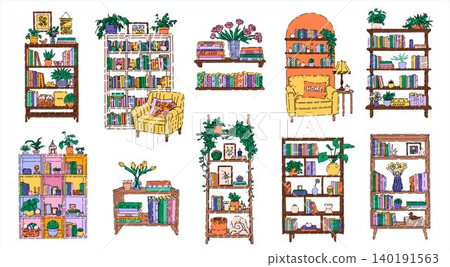 Colorful Bookshelves with Plants Illustration Collection Colorful Bookshelves with Plants Illustration Collection 140191563