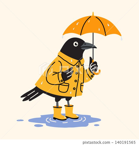 Adorable Raven in Yellow Raincoat with Umbrella Adorable Raven in Yellow Raincoat with Umbrella 140191565