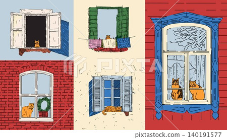 Cute Cat Window Scenes with Shutters and Facades 140191577