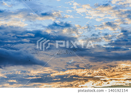 A dramatic sunset over Tanegashima Island, adorned with clouds and flocks of wild birds. A dramatic sunset over Tanegashima Island, adorned with clouds and flocks of wild birds. 140192154