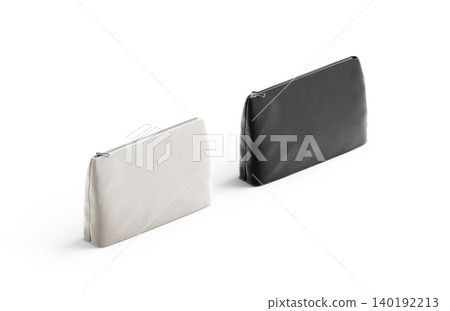 Blank black and white canvas pouch mockup png, transparent background, 3d rendering. Empty cloth handbag mock up cut out. Clear female ziplock for cosmetic template. Blank black and white canvas pouch mockup png, transparent background, 3d rendering. Empty cloth handbag mock up cut out. Clear female ziplock for cosmetic template. 140192213