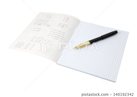 open notebook in mathematics with trigonometric functions and a black pen on the sheet open notebook in mathematics with trigonometric functions and a black pen on the sheet 140192342