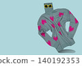 Funny invisible character concept with grey knitted turtleneck sweater with pink hearts pattern and yellow sunglasses levitating on blue background, copy space. 140192353