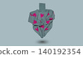 Cozy grey knitted turtleneck sweater with pink hearts print levitating on light blue background, copy space. 140192354