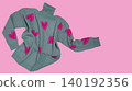 Grey knitted turtleneck sweater with pink hearts pattern floating in air on pastel pink background, copy space. 140192356