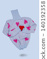 Light blue knitted turtleneck sweater with pink hearts print hugging a small red handmade heart, levitating on blue background. 140192358
