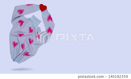 Creative concept of love and romance with light blue knitted sweater holding small red heart in sleeves, levitating on pastel background, copy space. Creative concept of love and romance with light blue knitted sweater holding small red heart in sleeves, levitating on pastel background, copy space. 140192359