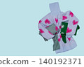 Creative concept of care and warmth with light blue knitted sweater hugging folded green and grey clothes on blue background, copy space. 140192371
